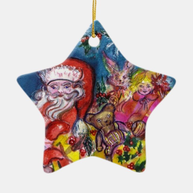 SANTA WITH CHRISTMAS GIFTS AND TOYS Yellow Star Ceramic Ornament (Front)