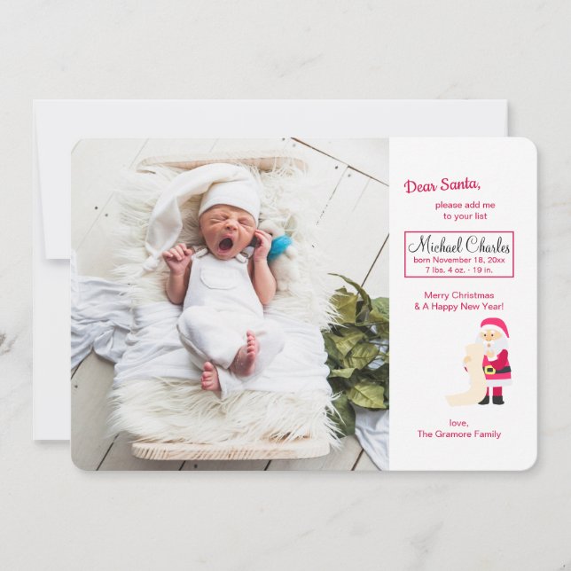 Santa with Christmas List Photo Birth Announcement (Front)