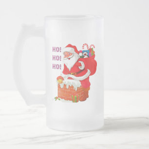 SANTA WITH CHRISTMAS PRESENTS, HO! HO! HO! FROSTED GLASS BEER MUG
