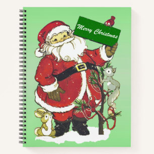 Santa With Christmas Sign Little Animals Tree Bird Notebook