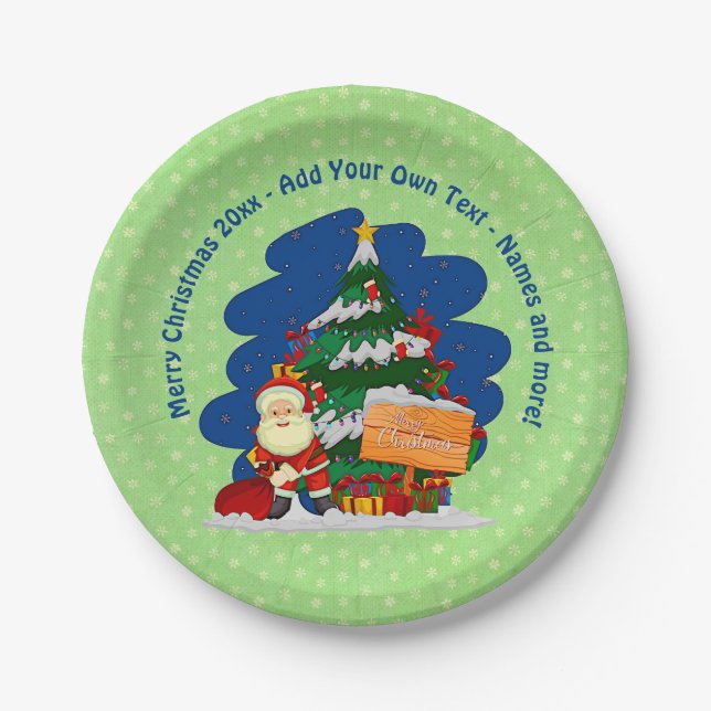 Santa with Christmas Tree 20xx Add Text 7" Paper Plates (Front)