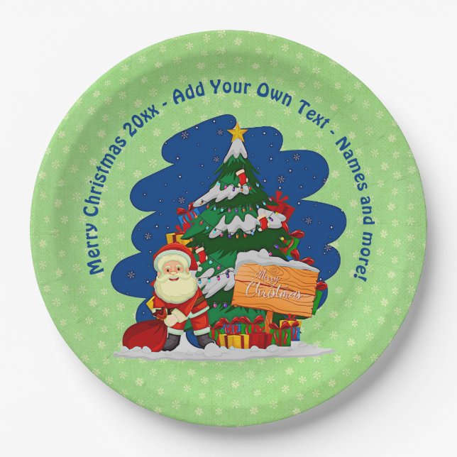 Santa with Christmas Tree 20xx Add Text 9"  Paper Plates (Front)