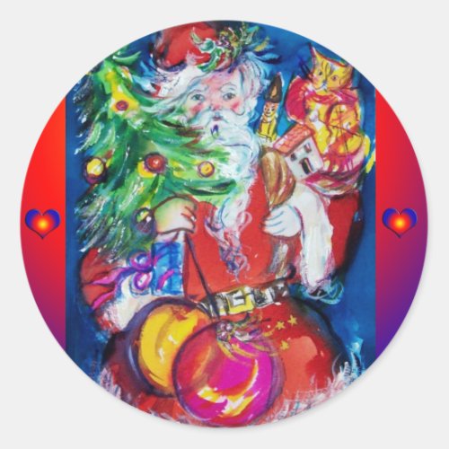 SANTA WITH CHRISTMAS TREE AND GIFTS CLASSIC ROUND STICKER