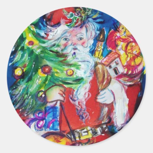 SANTA WITH CHRISTMAS TREE AND GIFTS CLASSIC ROUND STICKER