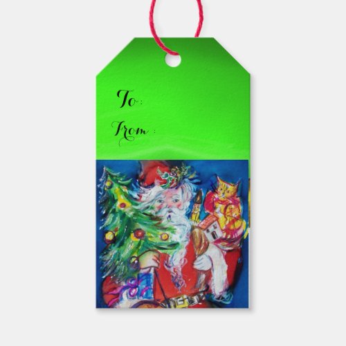 SANTA WITH CHRISTMAS TREE AND GIFTS Green Gift Tags
