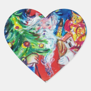 SANTA WITH CHRISTMAS TREE AND GIFTS HEART STICKER
