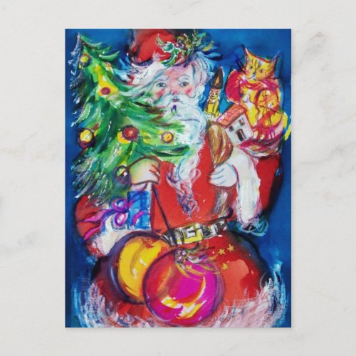 SANTA WITH CHRISTMAS TREE AND GIFTS HOLIDAY POSTCARD