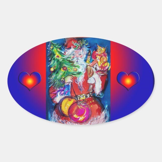 SANTA WITH CHRISTMAS TREE AND GIFTS OVAL STICKER (Front)