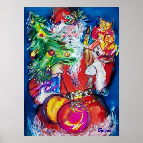 SANTA WITH CHRISTMAS TREE AND GIFTS POSTER