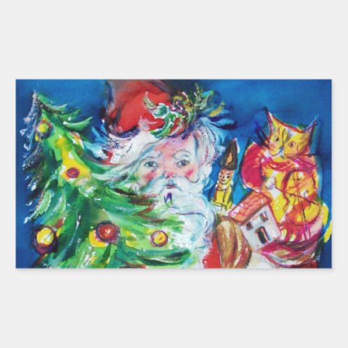 SANTA WITH CHRISTMAS TREE AND GIFTS RECTANGULAR STICKER