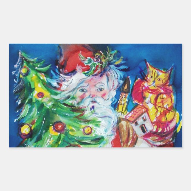 SANTA WITH CHRISTMAS TREE AND GIFTS RECTANGULAR STICKER (Front)
