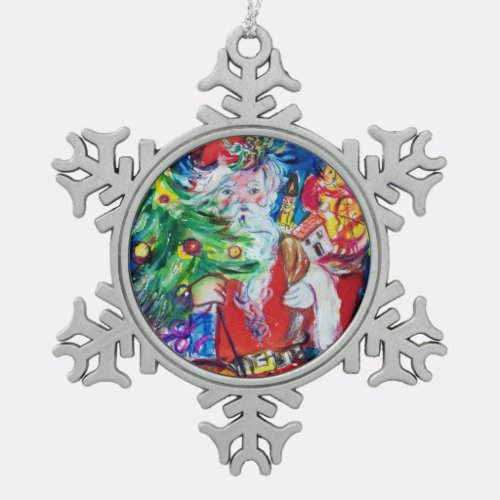 SANTA WITH CHRISTMAS TREE AND GIFTS SNOWFLAKE PEWTER CHRISTMAS ORNAMENT