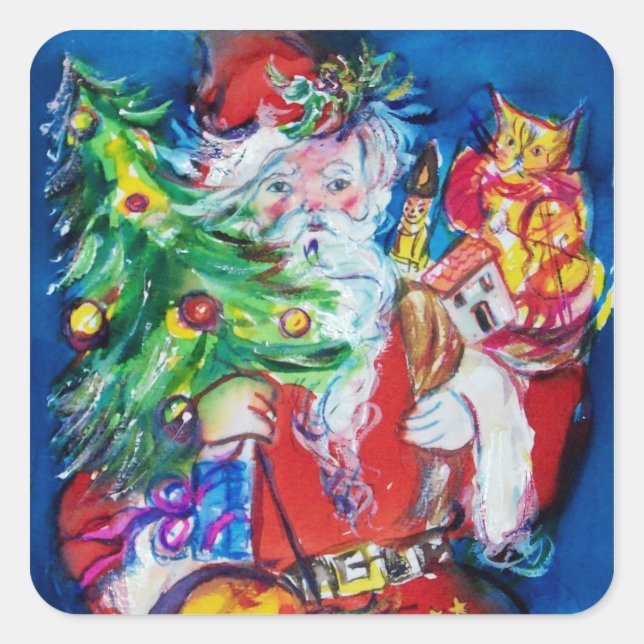 SANTA WITH CHRISTMAS TREE AND GIFTS SQUARE STICKER (Front)