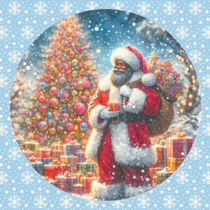 Santa with Christmas Tree & Gifts African American Classic Round Sticker
