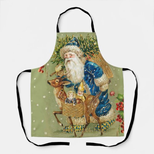SANTA WITH DEER AND CHRISTMAS GIFTS IN WINTER SNOW APRON