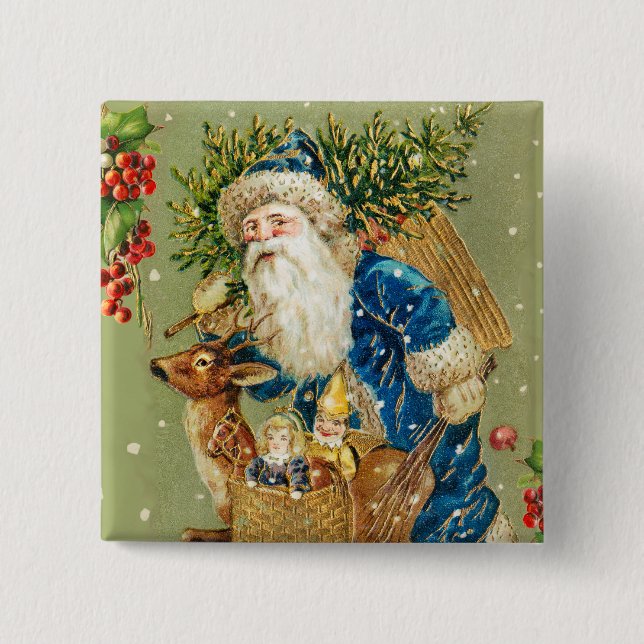 SANTA WITH DEER AND CHRISTMAS GIFTS IN WINTER SNOW BUTTON (Front)