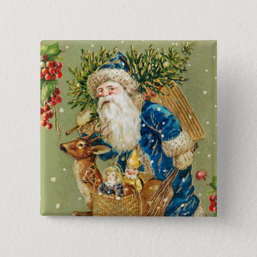 SANTA WITH DEER AND CHRISTMAS GIFTS IN WINTER SNOW BUTTON