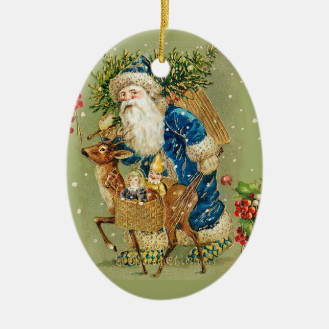 SANTA WITH DEER AND CHRISTMAS GIFTS IN WINTER SNOW CERAMIC ORNAMENT (Front)