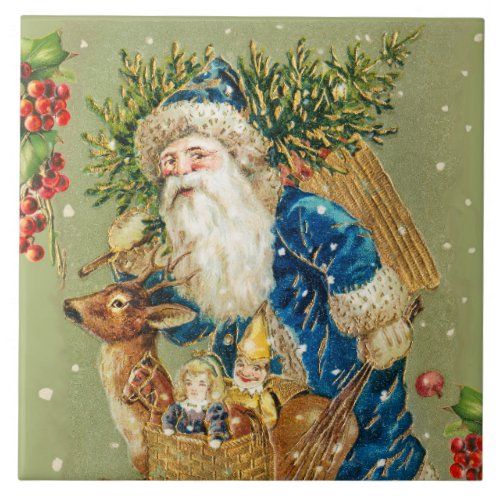 SANTA WITH DEER AND CHRISTMAS GIFTS IN WINTER SNOW CERAMIC TILE
