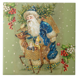 SANTA WITH DEER AND CHRISTMAS GIFTS IN WINTER SNOW CERAMIC TILE