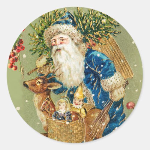 SANTA WITH DEER AND CHRISTMAS GIFTS IN WINTER SNOW CLASSIC ROUND STICKER