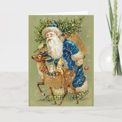 SANTA WITH DEER AND CHRISTMAS GIFTS IN WINTER SNOW HOLIDAY CARD