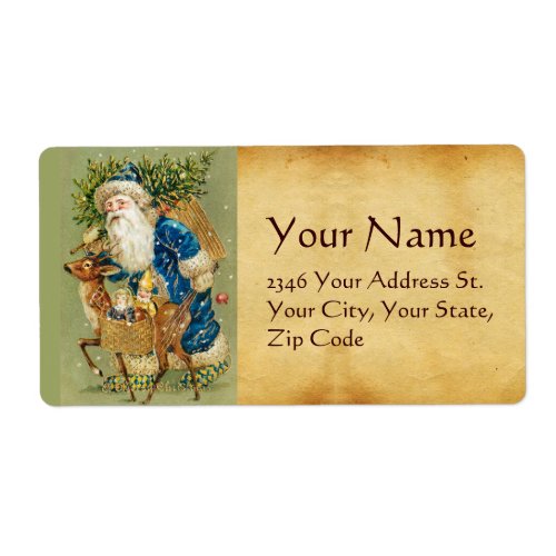 SANTA WITH DEER AND CHRISTMAS GIFTS IN WINTER SNOW LABEL