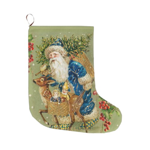 SANTA WITH DEER AND CHRISTMAS GIFTS IN WINTER SNOW LARGE CHRISTMAS STOCKING