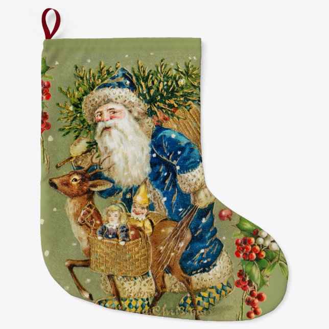 SANTA WITH DEER AND CHRISTMAS GIFTS IN WINTER SNOW LARGE CHRISTMAS STOCKING (Front)
