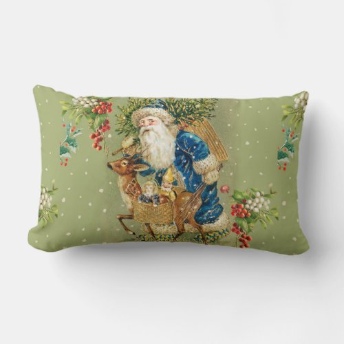 SANTA WITH DEER AND CHRISTMAS GIFTS IN WINTER SNOW LUMBAR PILLOW