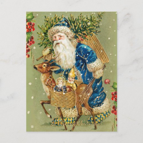 SANTA WITH DEER AND CHRISTMAS GIFTS IN WINTER SNOW POSTCARD