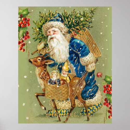 SANTA WITH DEER AND CHRISTMAS GIFTS IN WINTER SNOW POSTER