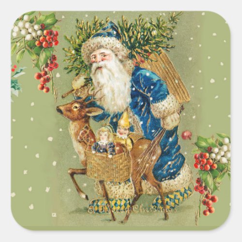 SANTA WITH DEER AND CHRISTMAS GIFTS IN WINTER SNOW SQUARE STICKER
