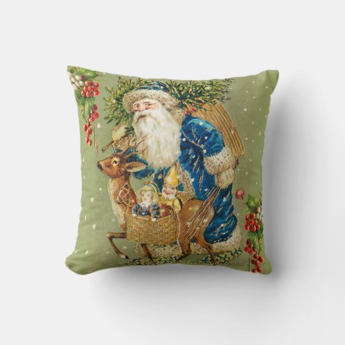 SANTA WITH DEER AND CHRISTMAS GIFTS IN WINTER SNOW THROW PILLOW