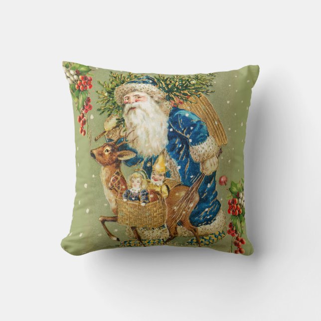 SANTA WITH DEER AND CHRISTMAS GIFTS IN WINTER SNOW THROW PILLOW (Front)