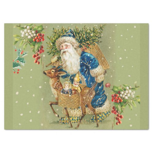 SANTA WITH DEER AND CHRISTMAS GIFTS IN WINTER SNOW TISSUE PAPER