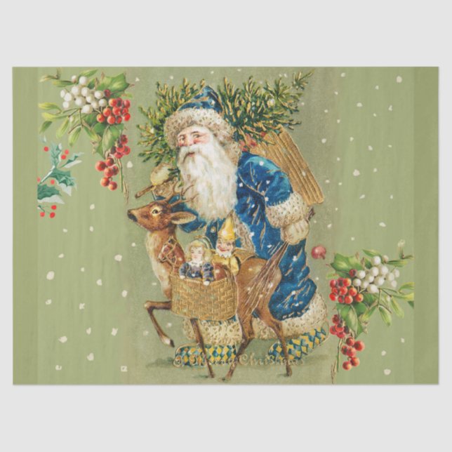 SANTA WITH DEER AND CHRISTMAS GIFTS IN WINTER SNOW TISSUE PAPER (Front)