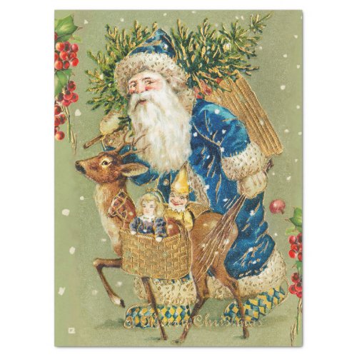 SANTA WITH DEER AND CHRISTMAS GIFTS IN WINTER SNOW TISSUE PAPER