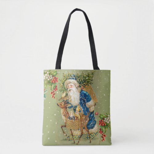 SANTA WITH DEER AND CHRISTMAS GIFTS IN WINTER SNOW TOTE BAG