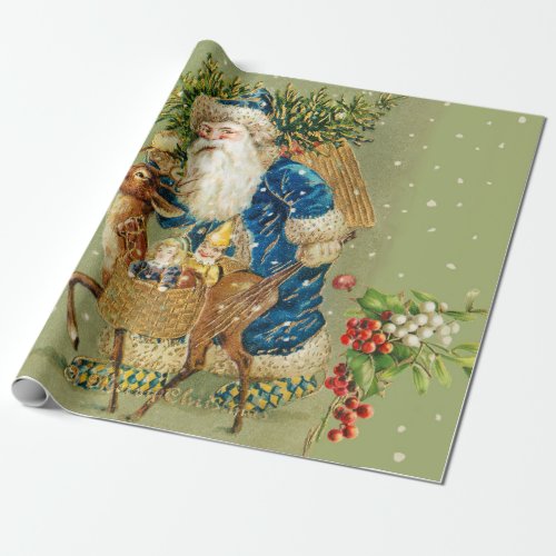 SANTA WITH DEER AND CHRISTMAS GIFTS IN WINTER SNOW WRAPPING PAPER
