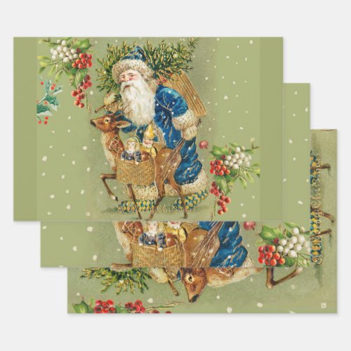 SANTA WITH DEER AND CHRISTMAS GIFTS IN WINTER SNOW WRAPPING PAPER SHEETS