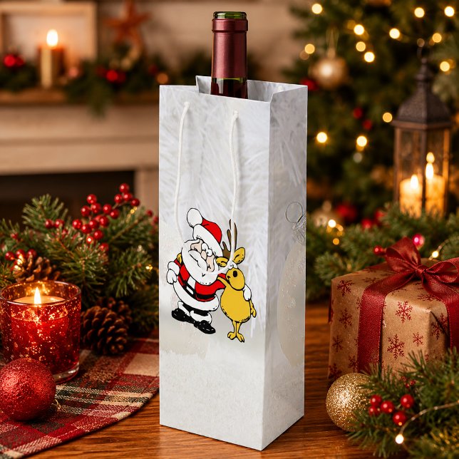 Santa With Deer Cartoon Wine Gift Bag (Santa With Deer Cartoon Wine Gift Bag)