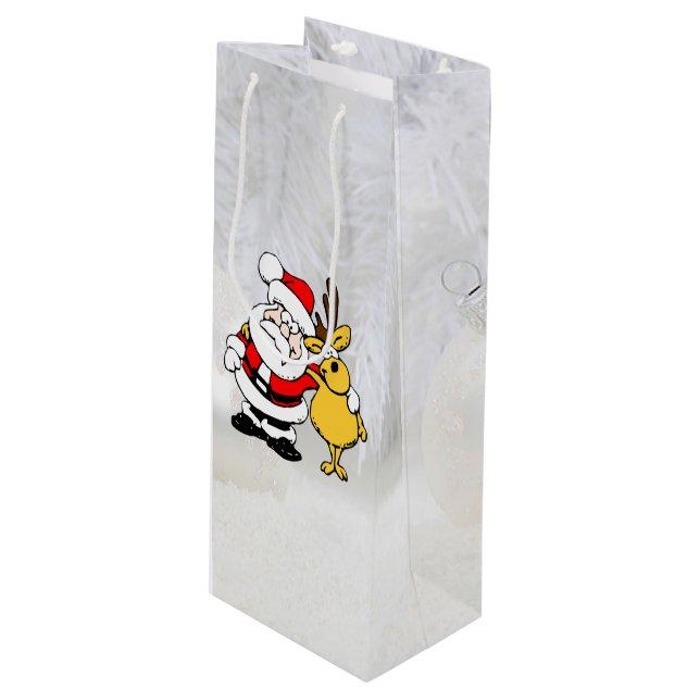 Santa With Deer Cartoon Wine Gift Bag (Front Angled)