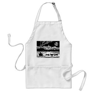 Santa with Dog Sleigh in the Arctic Lino Print Adult Apron