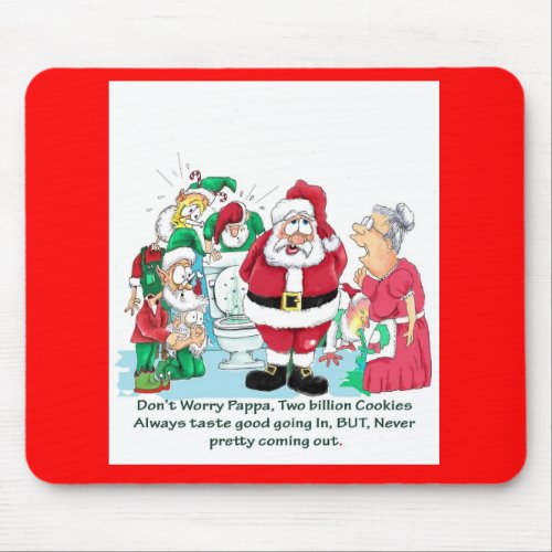 Santa with elves after eating too many cookies mouse pad