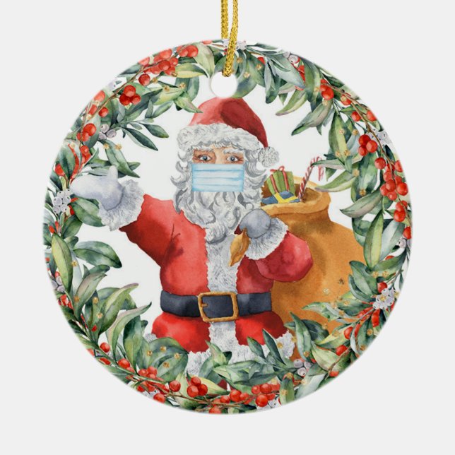 Santa With Face Mask 2020 A Year To Remember Ceramic Ornament (Front)