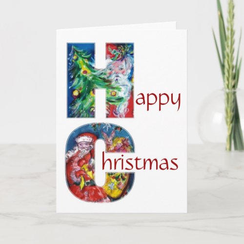SANTA WITH GIFTS AND CHRISTMAS TREE MONOGRAM HOLIDAY CARD