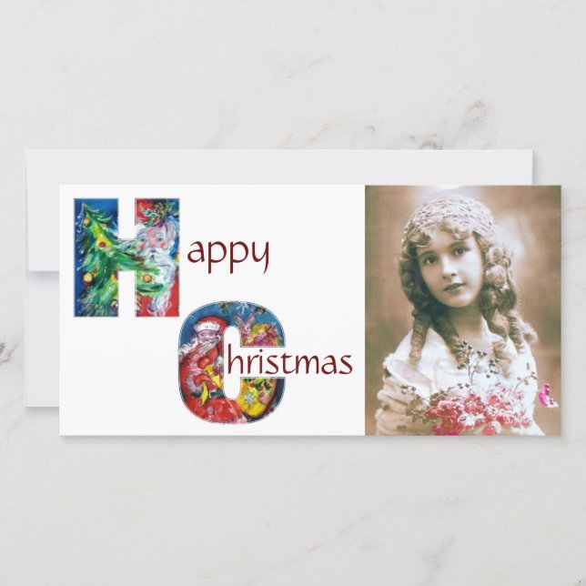 SANTA WITH GIFTS AND CHRISTMAS TREE MONOGRAM HOLIDAY CARD (Front)