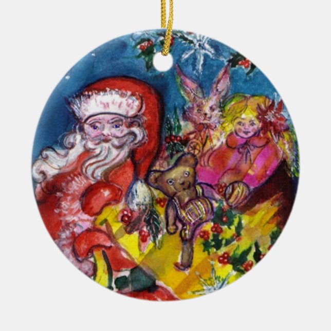 SANTA WITH GIFTS AND TOYS Christmas Ceramic Ornament (Front)