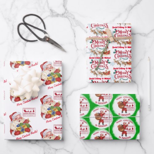 Santa with gifts special delivery custom name wrapping paper sheets
